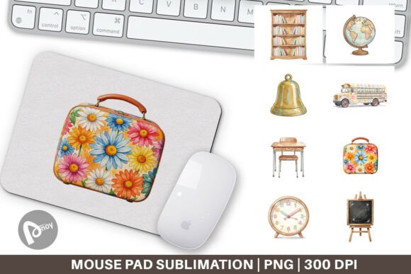 Retro School Watercolor Mouse Pad PNG